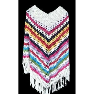 Women's Handmade Y2K Rainbow Crochet Maximalist Fringe Poncho OS Festival